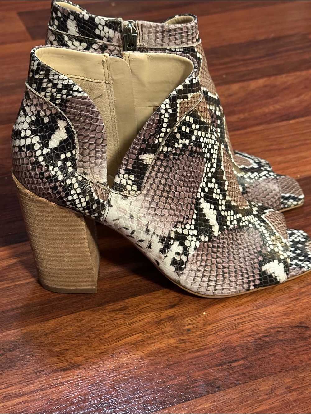 Vince Camuto Taupe Black Snake-Print Peep-Toe Block Heel Booties
